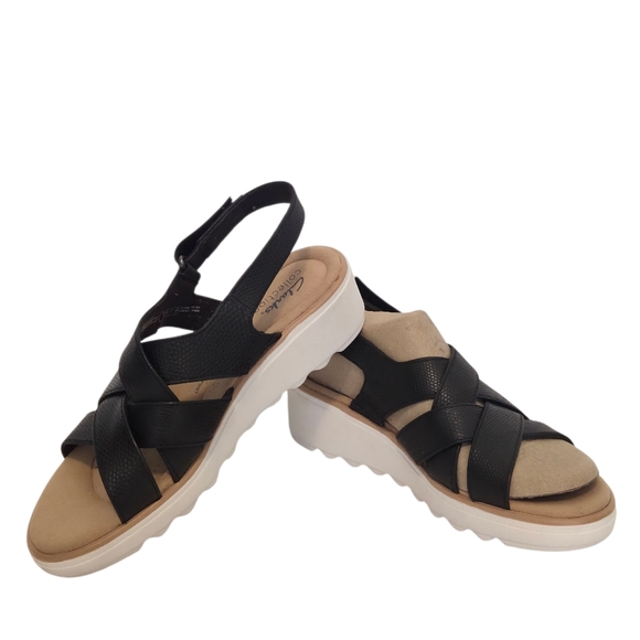 Clarks Shoes - Clark’s Women’s  Jillian Black Leather Criss Cross Strappy Wedge Sandals
